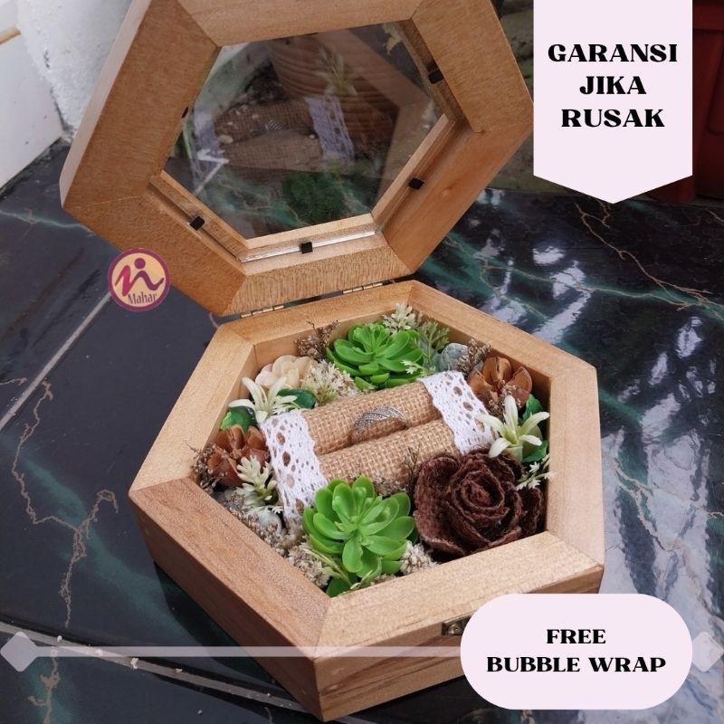 Ringbox Cincin Kayu Hexagonal Rustic - Kotak Cincin Pernikahan Hiasan Bunga