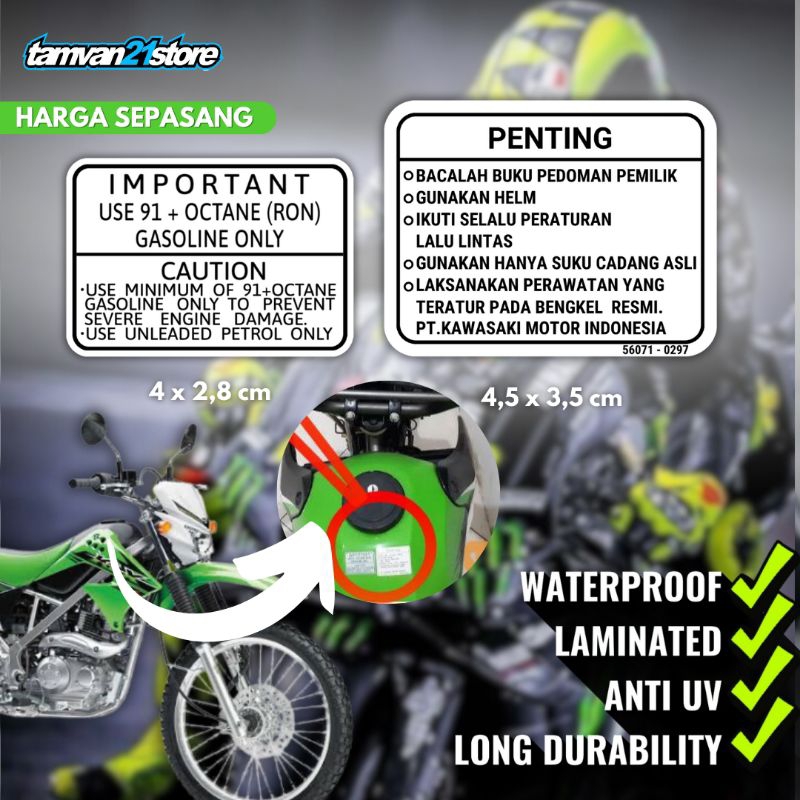 STICKER EMBLEM PERHATIAN PERINGATAN PENTING WARNING TANGKI KAWASAKI KLX 150 W175 KSR
