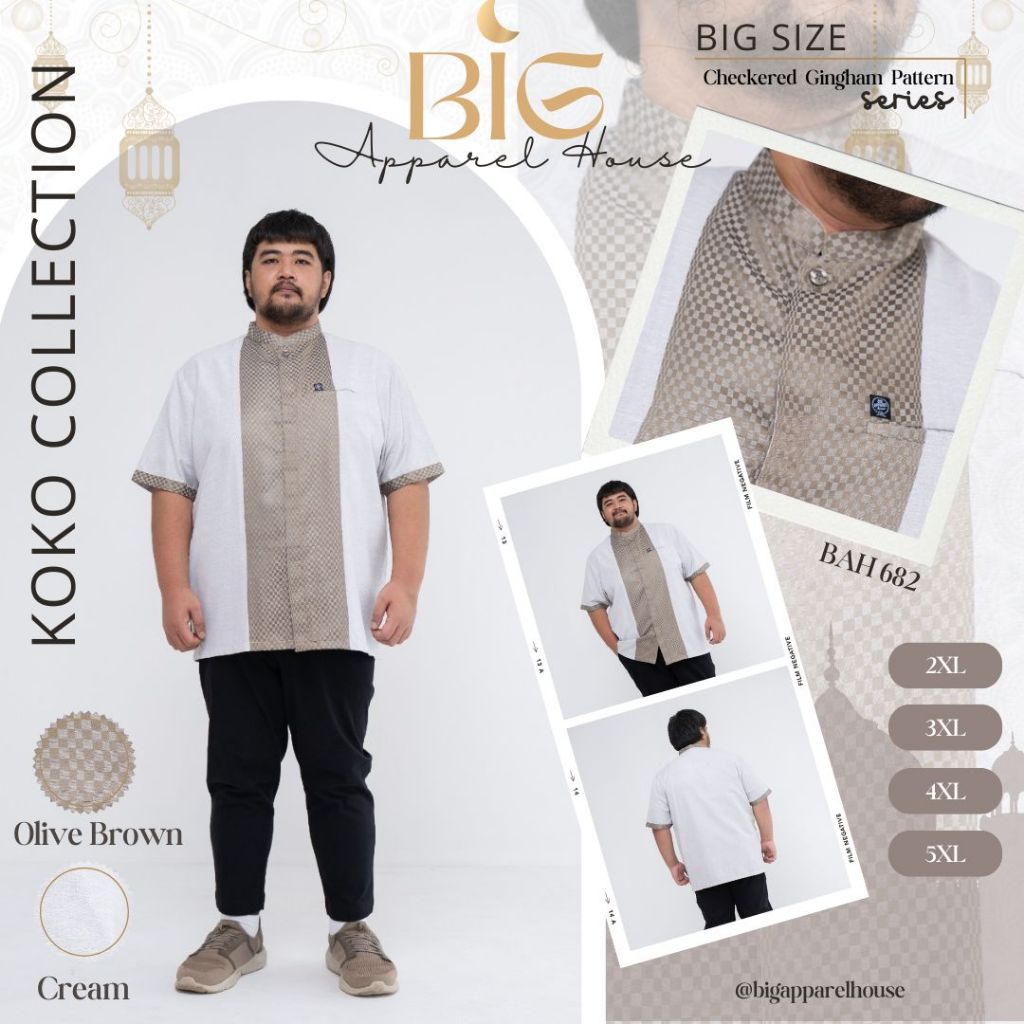 Kemeja Koko Jumbo Big Size Pria Laki Cowok Lengan Pendek Katun Motif Kotak Gingham Olive Brown - BAH