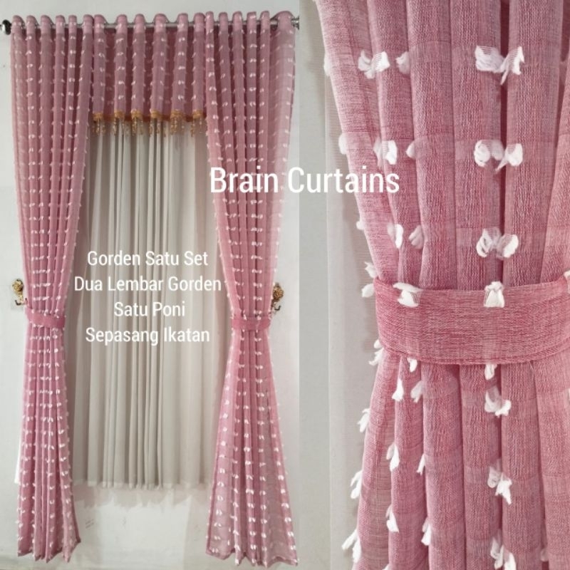 Gorden Satu Set Poni Jendela Atas Pintu Ruang Tamu Bahan Ruby Merah Bata