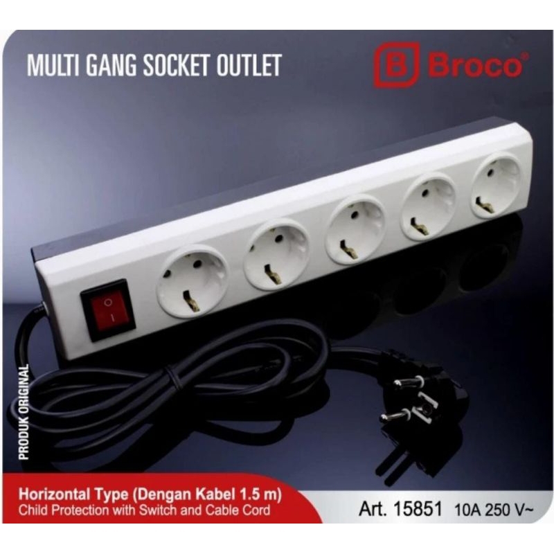 Broco Multi Gang Stop kontak Arde 5 Lubang + Kabel + Switch (15851)