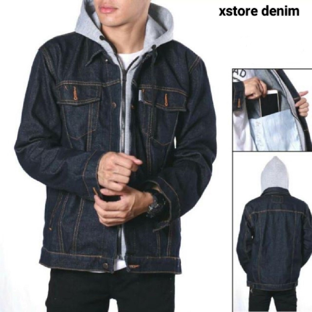 Jaket Jeans Denim Hoodie  Double Sleeting biru dongker