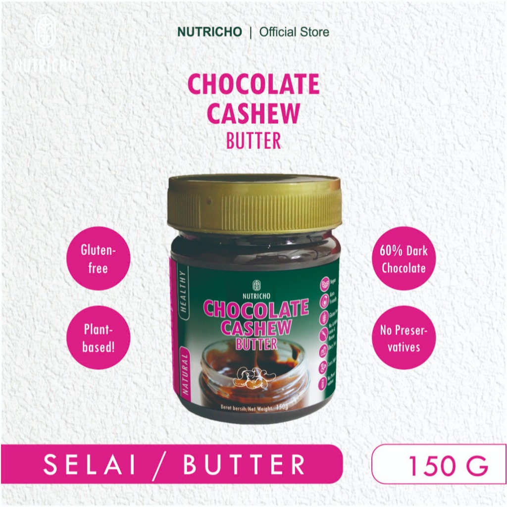 

Nutricho Selai Coklat Mede - Chocolate Cashew Butter 150g - 60% Cocoa - Vegan Rendah Gula