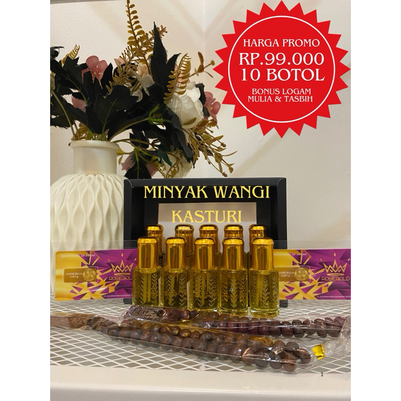 Minyak Wangi Kasturi 10 Botol Gratis Logam Mulia dan Tasbih minyak wangi sholat parfum sholat