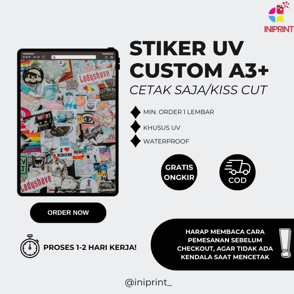 

Stiker UV Custom (Cetak saja/Kisscut/Fullcut)