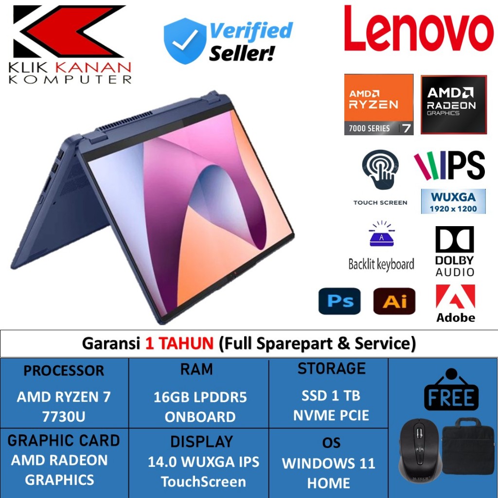 Laptop 2in1 Lenovo IdeaPad Flex 5 14 AMD Ryzen 7 7730u 16gb 1Tb WUXGA Win 11 Home Touchscreen