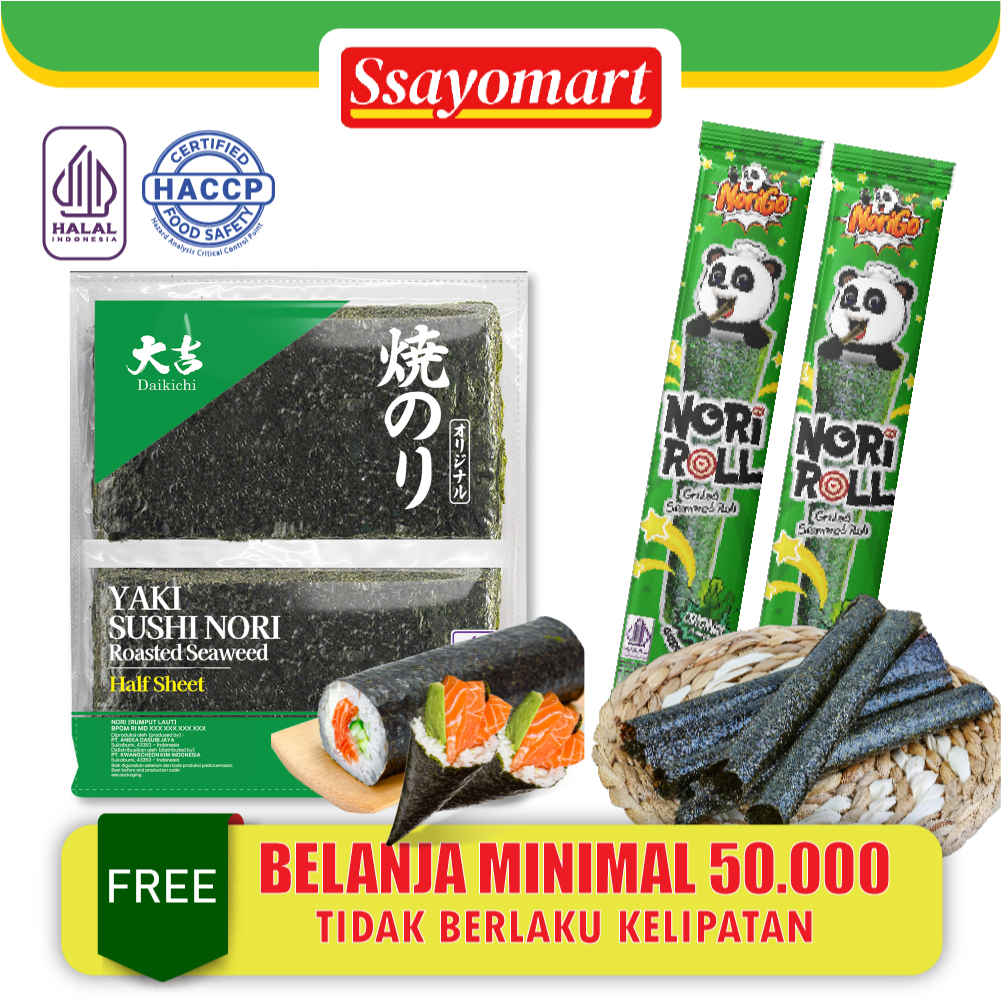 

(HALAL) DAIKICHI YAKI SUSHI NORI HALF SHEET ROASTED SEAWEED /RUMPUT LAUT PANGGANG (isi 100 lembar)