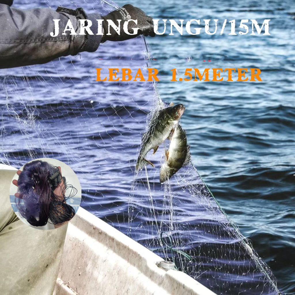 Jaring ikan siap pakai panjang /jaring ungu 15m 1 jari, 2 jari, 3jari dan 4 jari