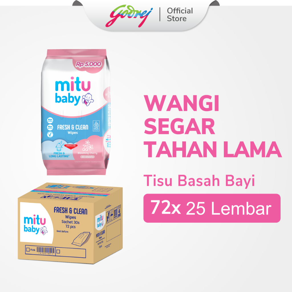 [1 Karton isi 72 Pcs] Mitu Baby Tisu Basah Fresh & Clean Wipes Blooming Cherry 25s - Tissue Basah Ba
