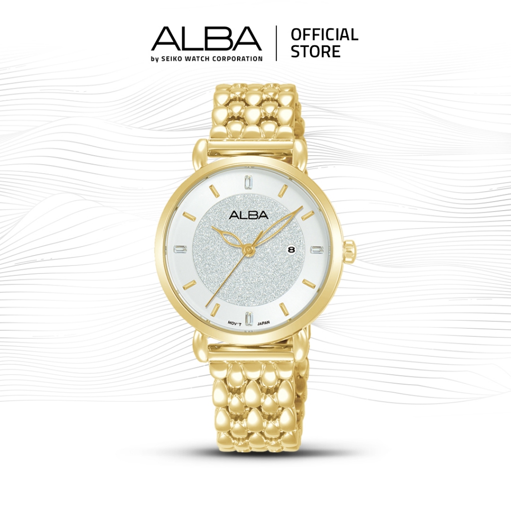 Alba Fashion Jam Tangan Wanita AH7DS8 / AH7DS8X1 Quartz White Dial Gold Stainless Steel Strap Watch