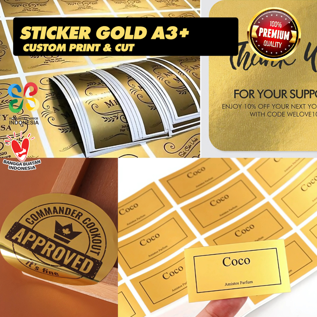 

Print Cetak Sticker Gold dan Silver Label Kemasan Skincare Kosmetik Makanan Minuman A3+ KISS CUT Kualitas Premium Bebas Custom Gambar Bentuk