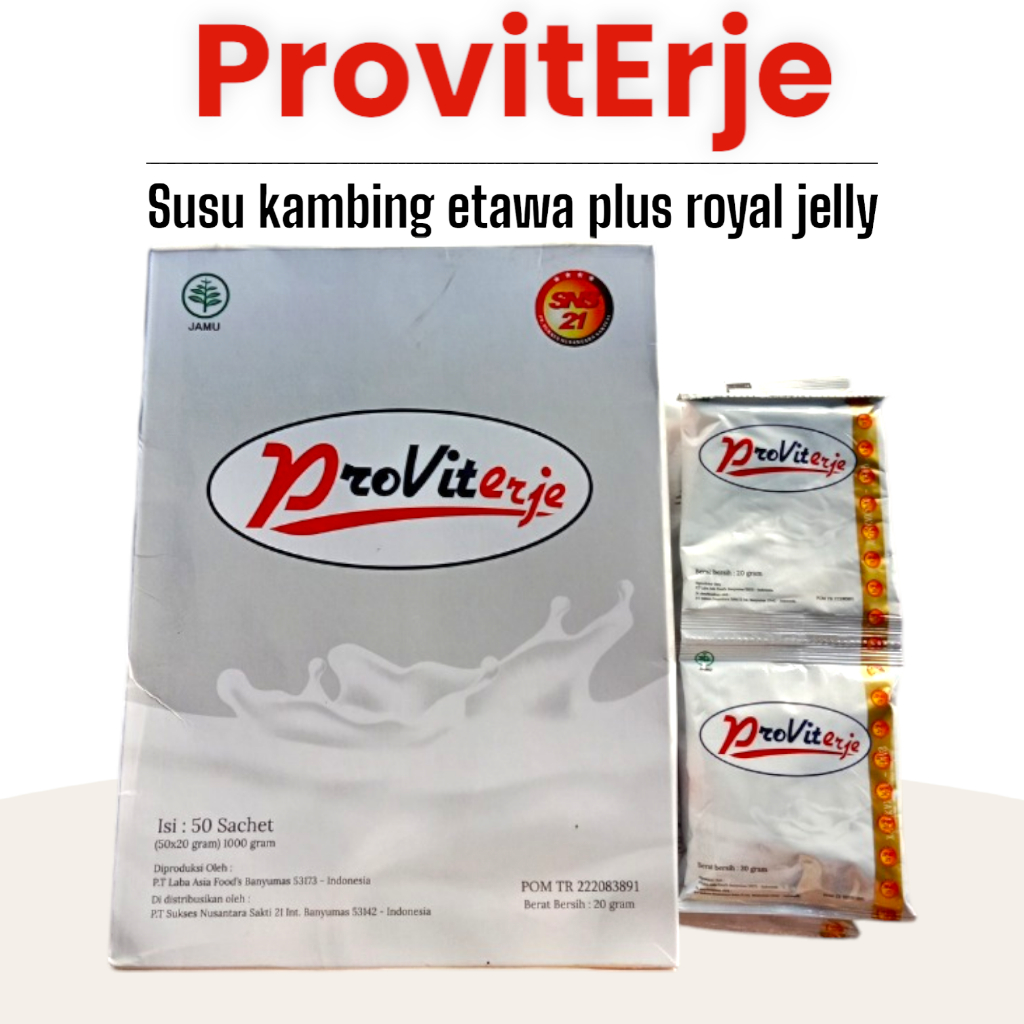 

SUSU KAMBING ETAWA PROVIT ERJE PLUS ROYAL JELLY 1 BOX ISI 50 SACHET ORIGINAL SNS 21