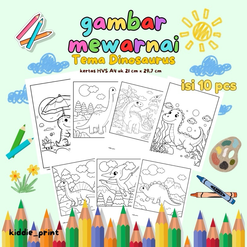

Gambar Mewarnai tema Dinosaurus – Kiddie Print_ 10 Gambar Per Pack | Kertas A4 (21 x 29,7 cm) Tebal 100 gsm