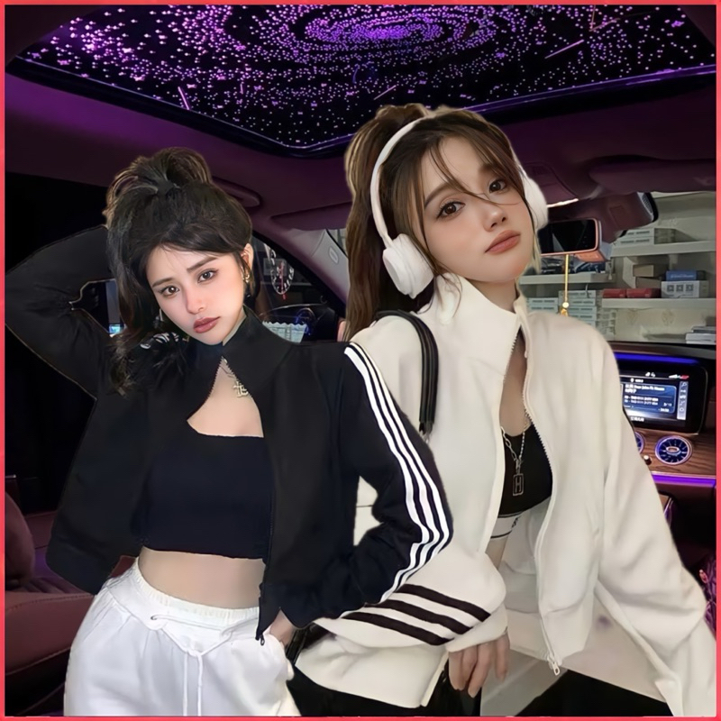 Pariroo Jaket Crop Vintage Wanita – List Stand Collar, Korean Style Ulzzang Terbaru - Jaket Vintage 