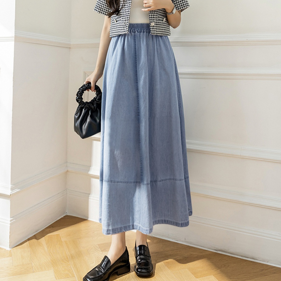 KODE S43B Denim Skirt Rok Wanita Summer Retro Loose Splicing MidLength Elastic waist Casual Umbrella
