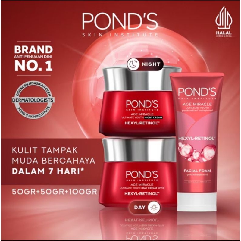 Ponds Age Miracle Paket Hemat (Facial Wash 100ml,Day Cream 50g,Night Cream 50g)Basic SkinCare / Crea