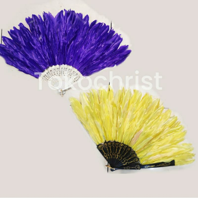 kipas bulu untuk tari warna ungu / kuning / merah