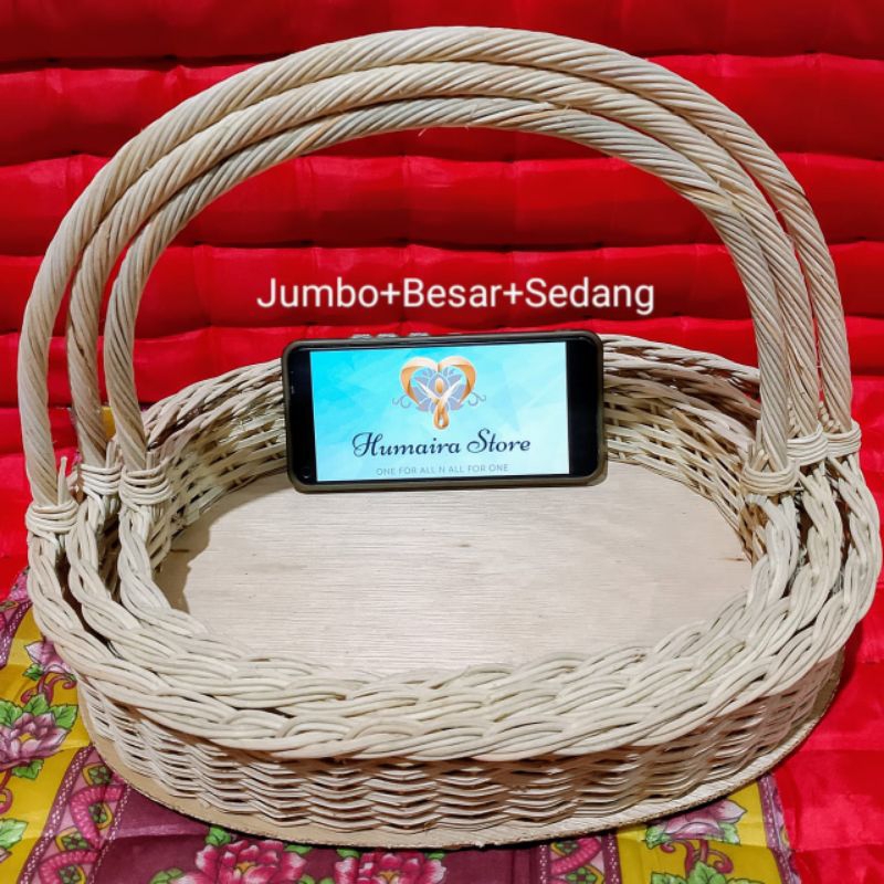 keranjang rotan oval tangkai JUMBO + BESAR + SEDANG