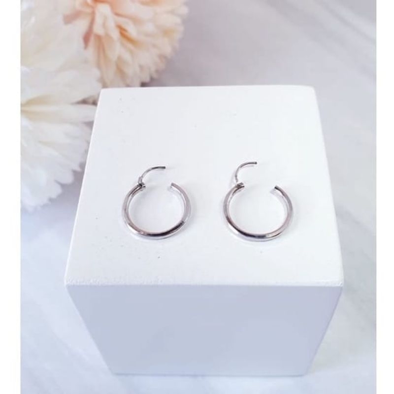 ANTING BULAT/GIPSI POLOS ( PERAK 925 ) LAPIS EMAS PUTIH