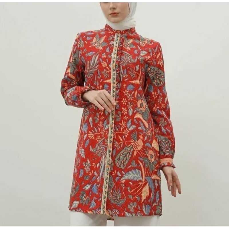 TIGANEGERI MERAH Tunik Batik Solo Lengan Panjang Lapis Furing