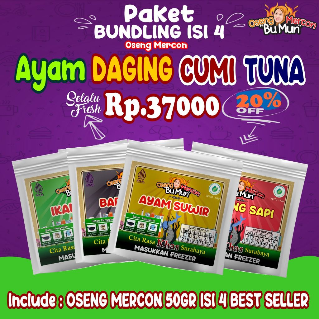 

OSENG MERCON BU MUN BUNDLING ISI 4 BEST SELLER DAGING AYAM CUMI TUNA 50GR