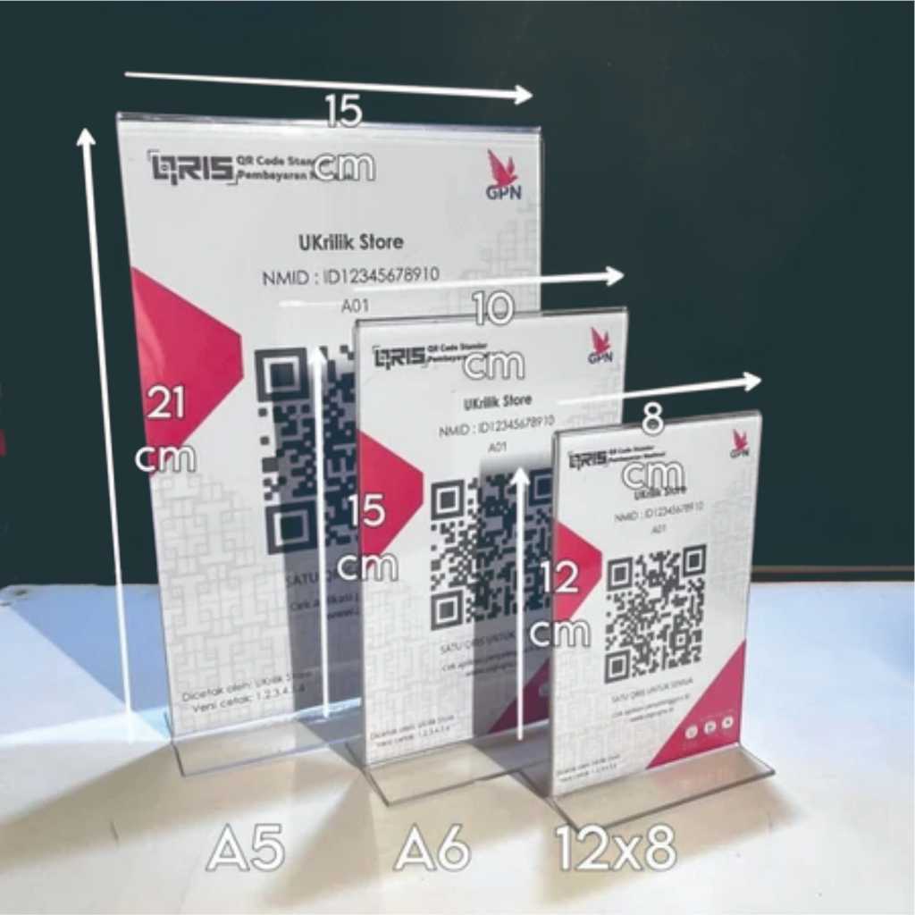 

Akrilik Tent Card Tempat Brosur QRIS Menu A5,A6,12x8 Potrait T Tebal 2mm