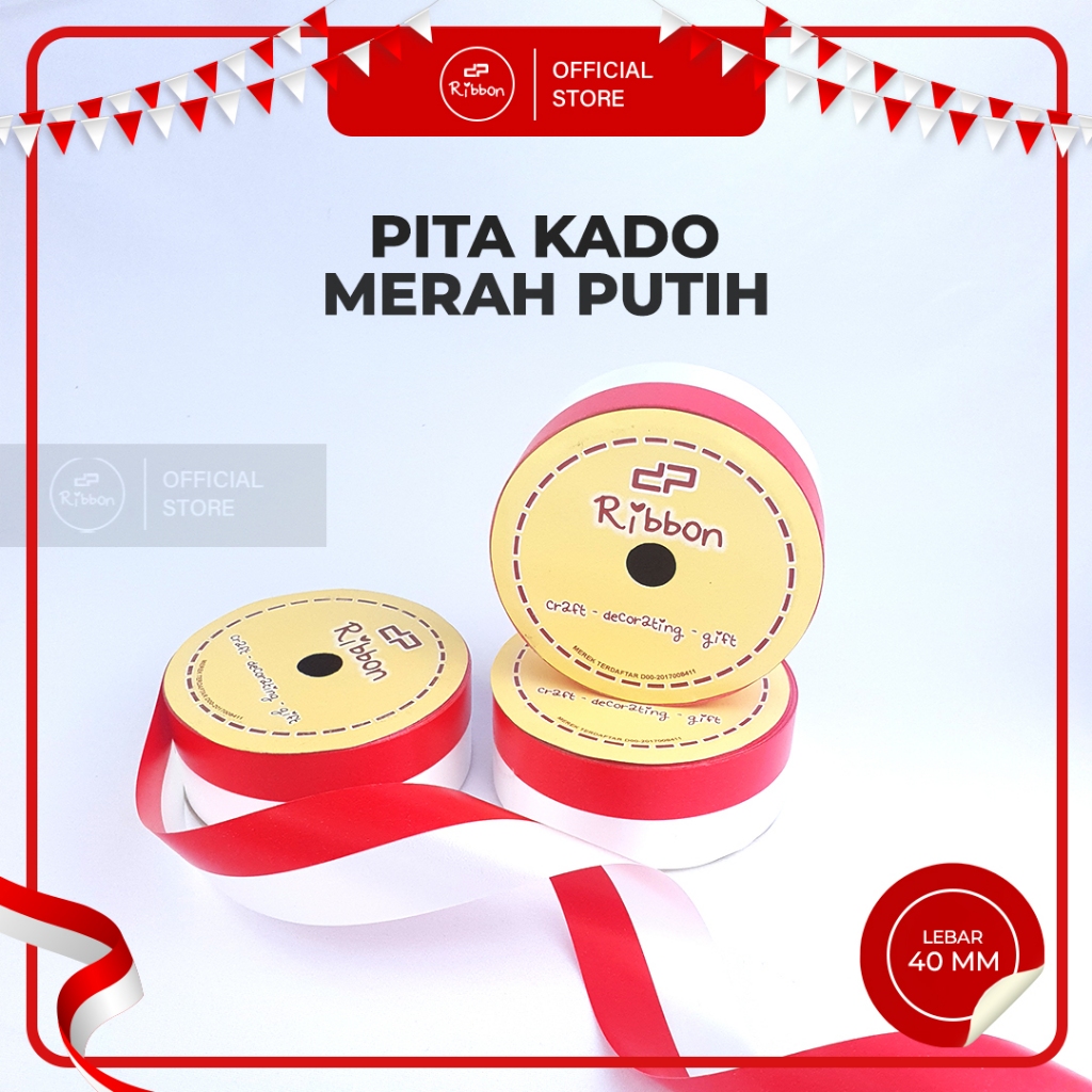 

GROSIR Pita Kado MERAH - PUTIH 4cm Ribbon 40mm x 14m Bendera Indonesia Merdeka 1.5