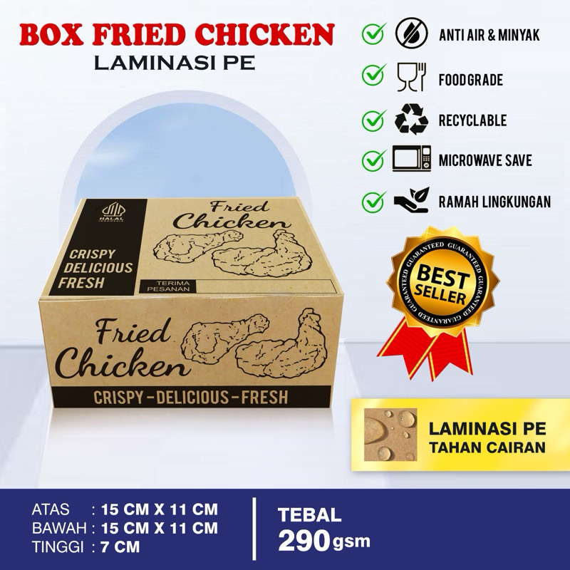 

100 pcs Box fried chicken muat nasi,kotak makanan fried chicken,laminasi,bahan tebal,kuat,tidak mudah rusak,modern,praktis,higienis,ekonomis MURAHH
