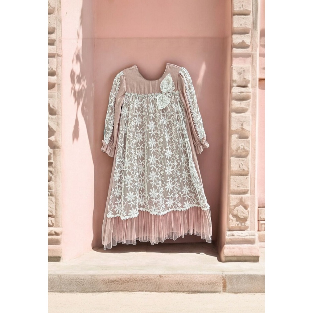 Princessa Flami Muslim Dress Dusty Pink Flower Bow G1323