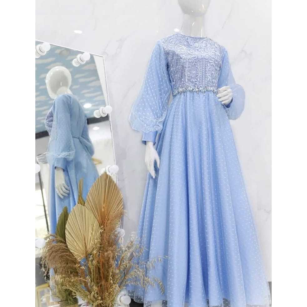 Dress Formal / Gamis Lebaran Fitri Jumbo Warna Soft Blue Sky Biru Muda Polos Simpel Kasual Kekinian 