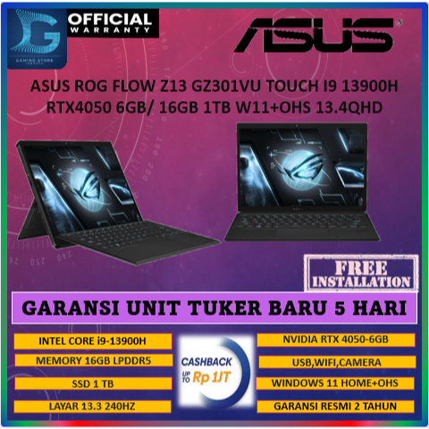 ASUS ROG FLOW Z13 GZ301VU TOUCH I9 13900H RTX4050 6GB WINDOWS 11 HOME