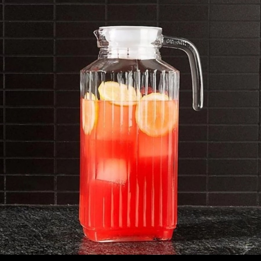 Pitcher Kulkas Kaca Beling Bening Awet Kuat Tebal Tahan Panas Kapasitas 1.8L Teko Gagang Air Minum W