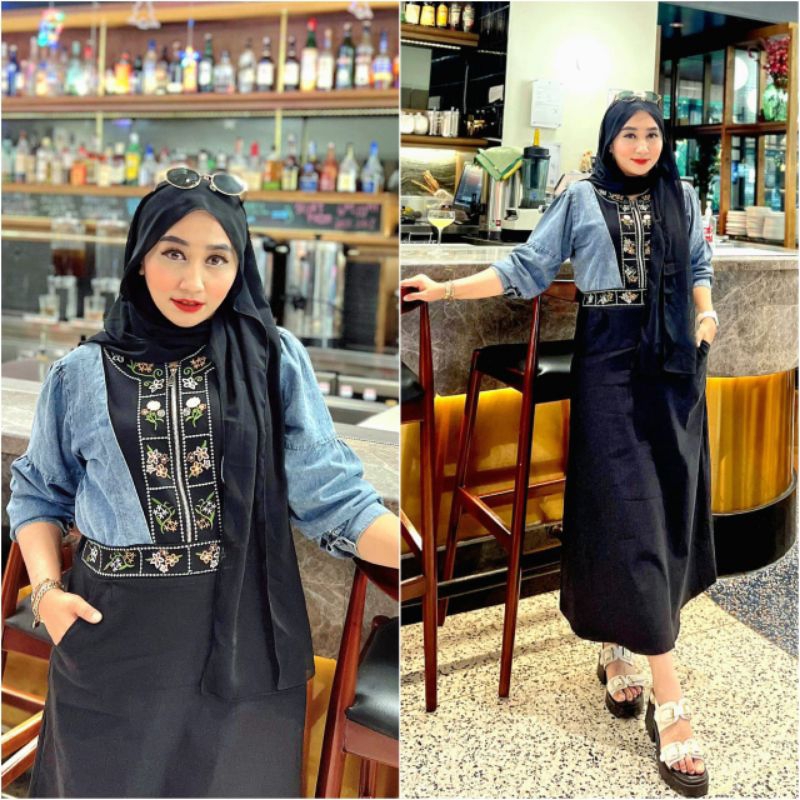 GAMIS WANITA HITAM BUNGA SOFT JEANS MODIS/GAMIS TERBARU