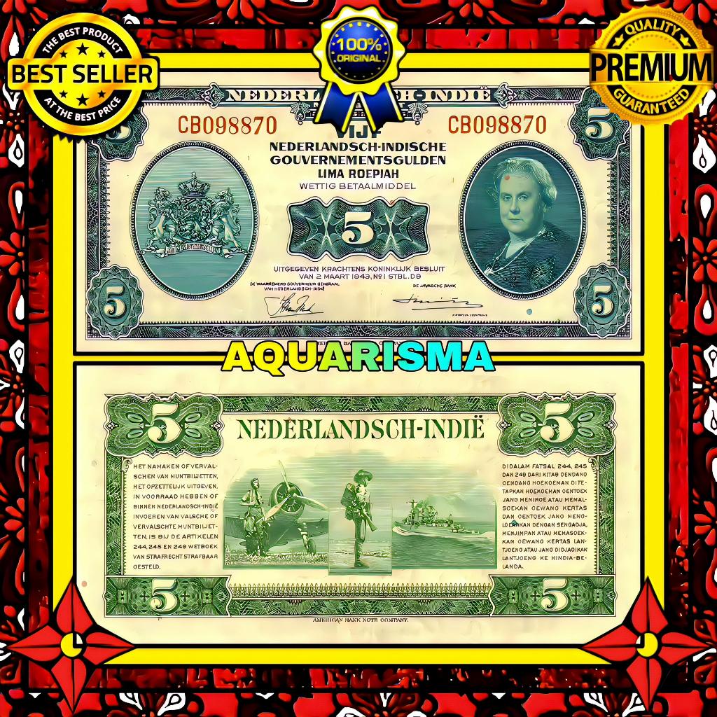KOLEKSI NUMISMATIK - SOUVENIR UANG KUNO 5 GULDEN HINDIA BELANDA WILHELMINA 1943