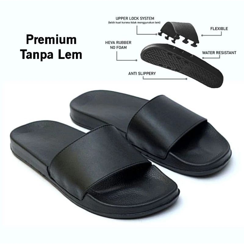 Sandal Slop Polos Karet Tanpa LEM Pria Wanita Hitam Putih