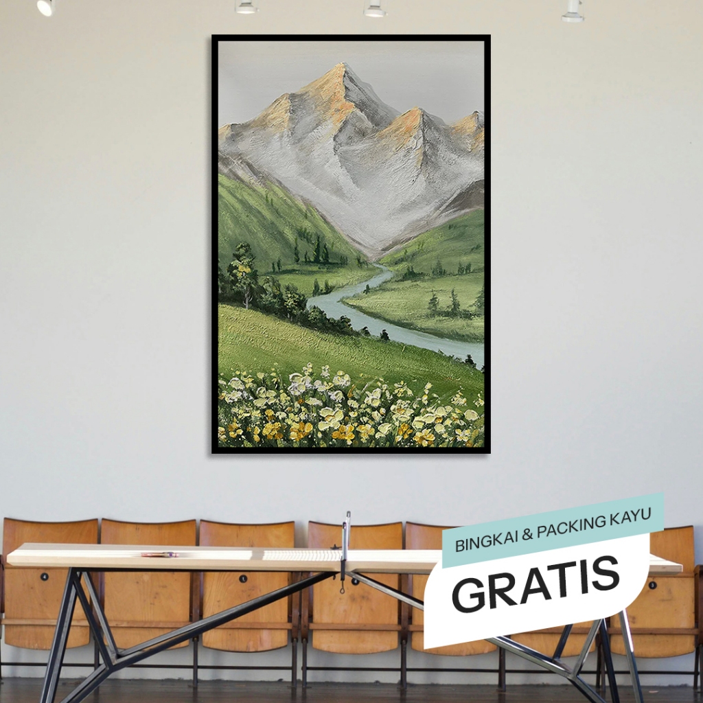 Lukisan Dinding Kanvas Pemandangan Gunung Hijau Aesthetic Realistis