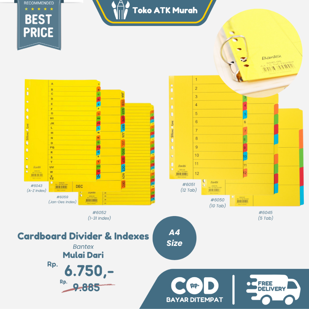 

Divider Bantex 6045 (5 Tabs) / 6050 (10 Tabs) / 6043 (A-Z) / 6051 (1-12) / 6052 (1-31) / 6059 (Jan-Des) - Pembatas Bantex Cardboard