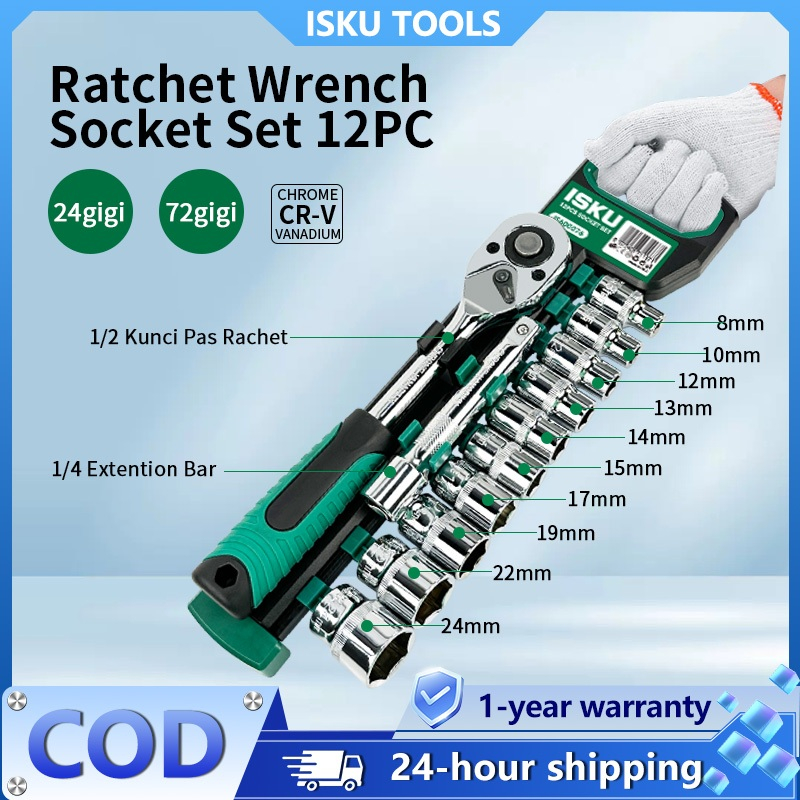 ISKU Gagang Kunci Shock Kunci Shock Set 1/2 Inch Kunci Shock Set 12pcs Kunci Sok Wrench Rachet Kunci