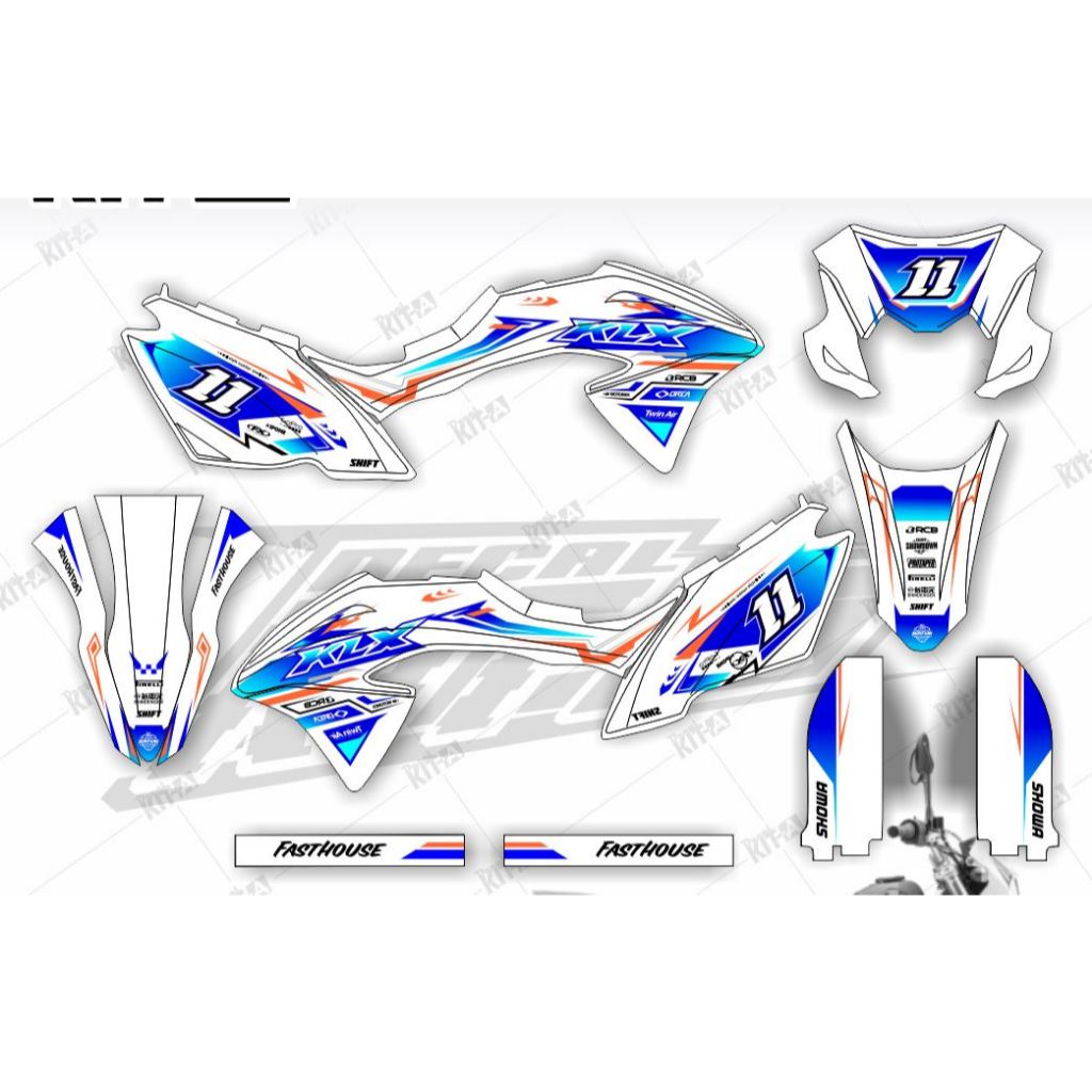 Decal sticker Kawasaki KLX BF 150 Motif rancing putih biru list orange