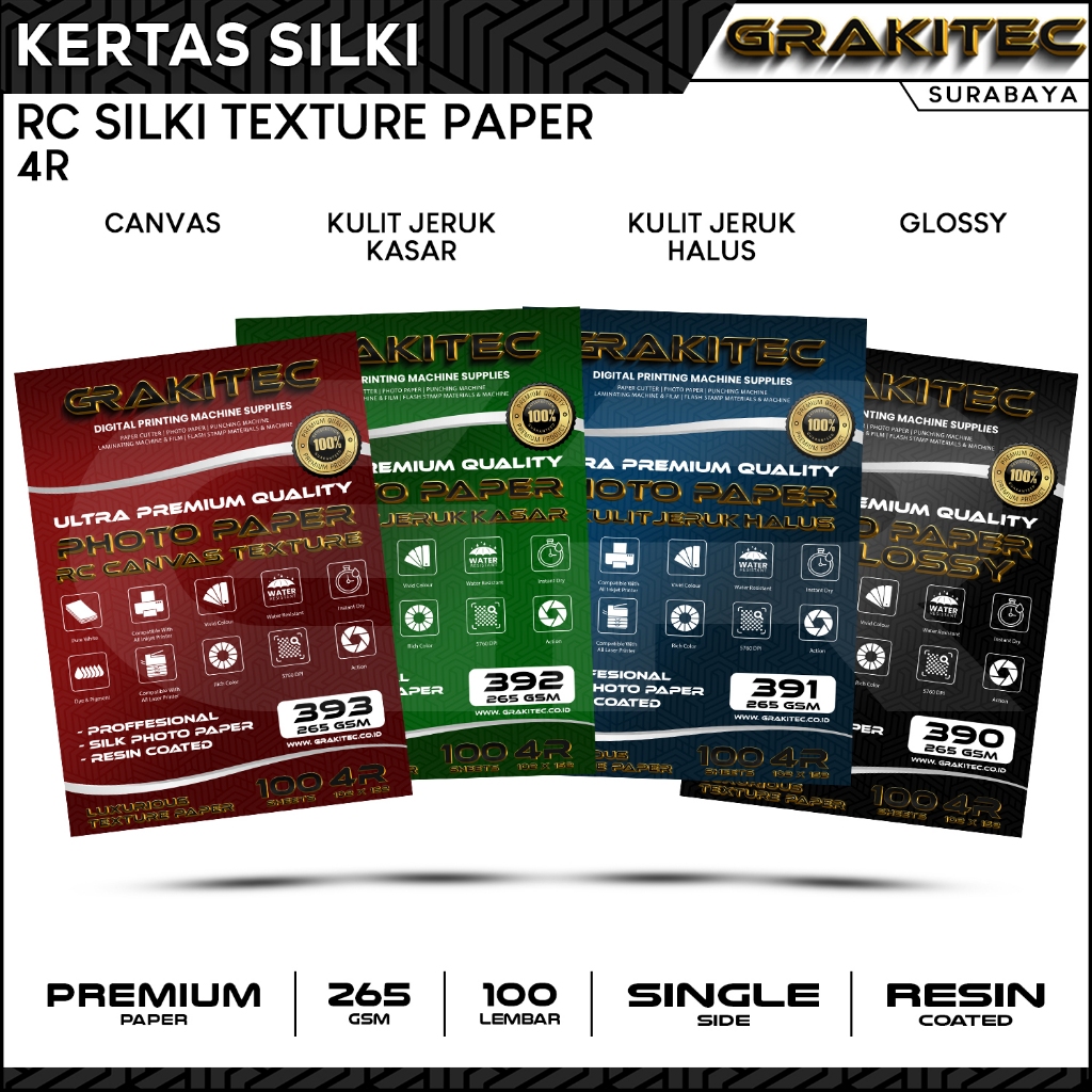 

Grakitec Kertas Foto Silki 4R isi 100 Lembar Doff Kulit Jeruk Professional Silki Texture , RC Glossy Photo Paper, Doff Halus, Canvas, Doff Kasar/ Luster Resin Coated SBY