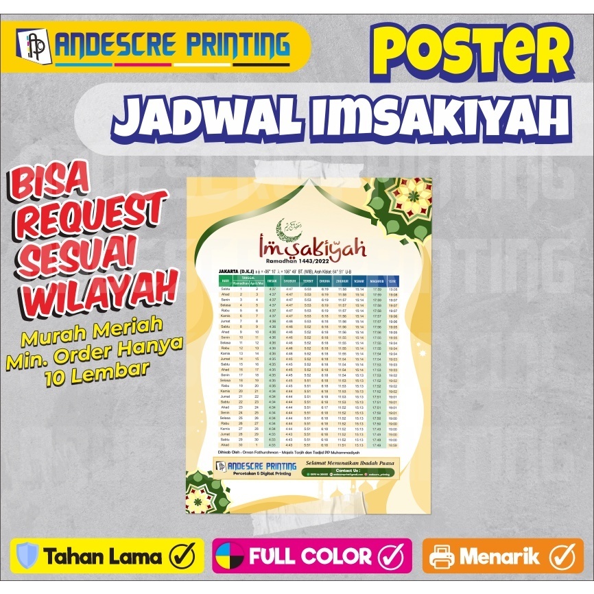 

Cetak Jadwal Imsakiyah Ramadhan Murah Semua Wilayah Ukr A4 (1 Sisi ) | Art Paper 150 gr Murah !! Kualitas OK