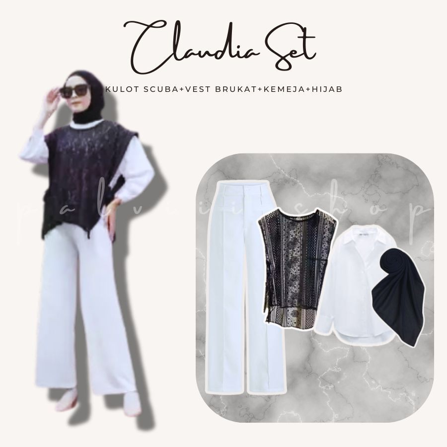 Claudia Set Brukat Vest Terbaru (Rompi Brukat+Kemeja+Celana Kulot+Hijab Bella) Ootd Brukat Lebaran