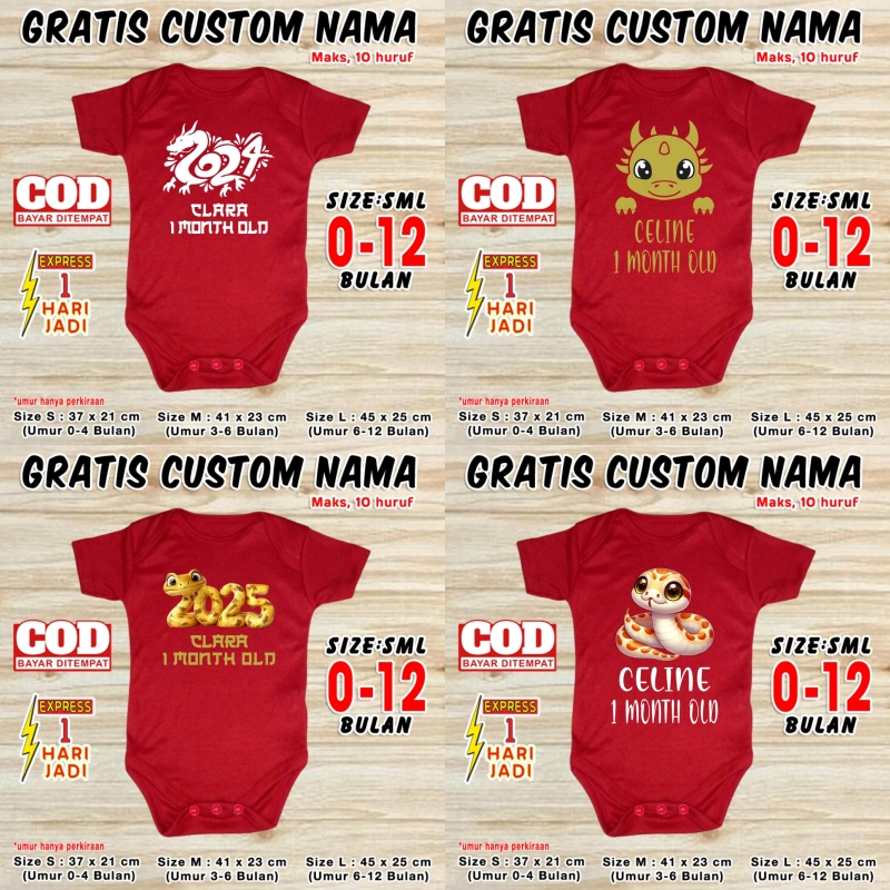 Baju Bayi Karakter Shio NAGA 1 Month Old GRATIS CUSTOM NAMA Jumper Baby Dragon Liong 1 Bulan Satu Bu
