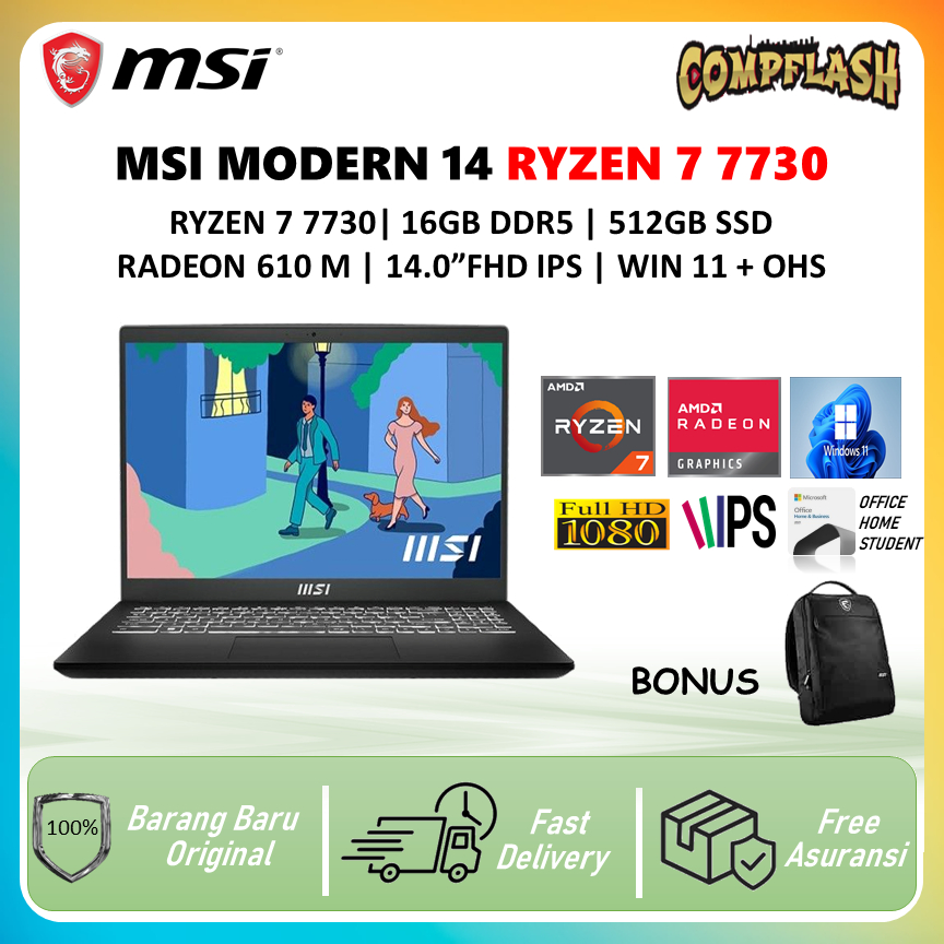 MSI MODERN 14 RYZEN 7 7730 RAM 16GB SSD 512GB WINDOWS 11 OHS FHD IPS