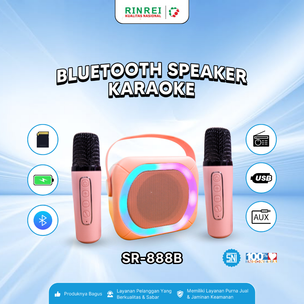 RINREI Speaker Bluetooth Portable for Karaoke dengan 1 Speaker dan 2 Microphone SNI Garansi 1 tahun