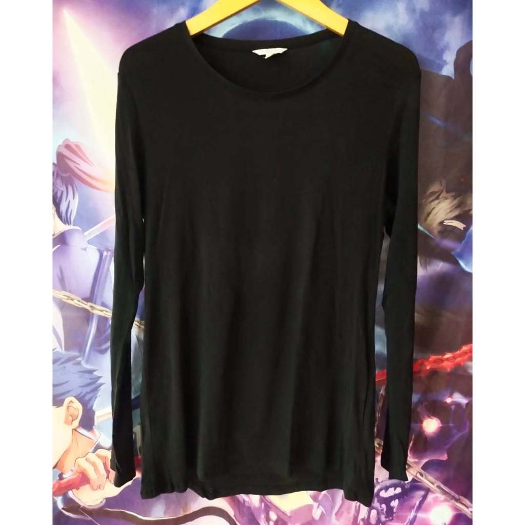Uniqlo Premium Cotton Black Longsleeve Shirt Kaos Lengan Panjang Tshirt Original Second Merch Japan 