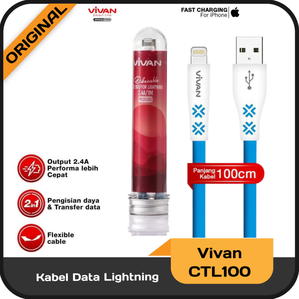Kabel data i phone merk VIVAN  CTL100 Kabel Data VIVAN Mini Tube CTL100 2.4 A / 1M For Iph 5 / 6 / 7