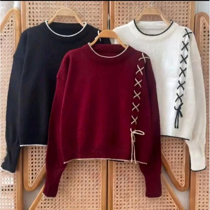 LEVINA ATASAN SWEATER RAJUT MOTIF TALI DEPAN LENGAN KANCING WANITA