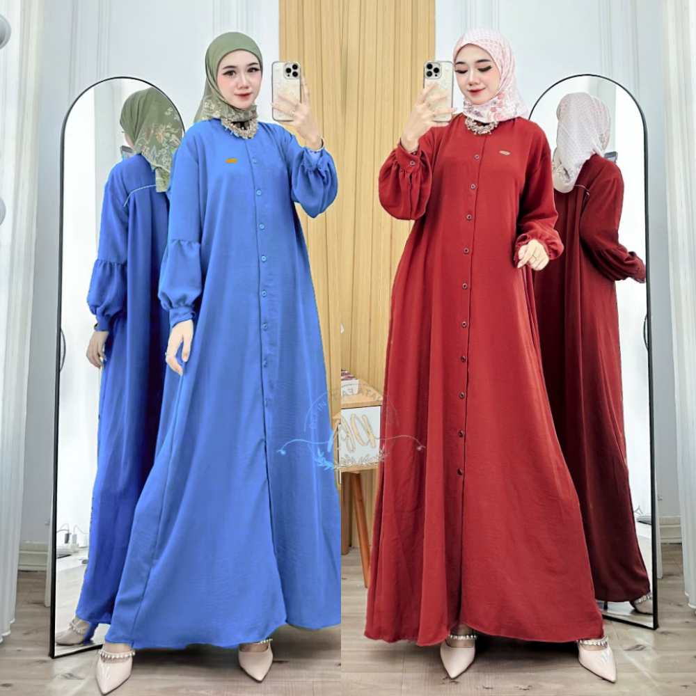 Gamis Abaya Full Kancing Depan Busui Lengan Balon Bahan  Crinkle Airflow  LD 110 Terbaru 2025