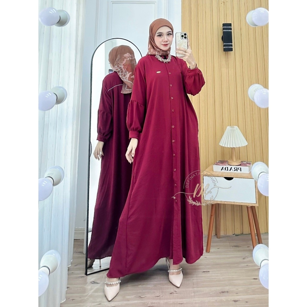 Gamis Abaya Alina Full Kancing Depan Busui Lengan Balon Bahan  Crinkle Airflow  LD 110  Free Bross T